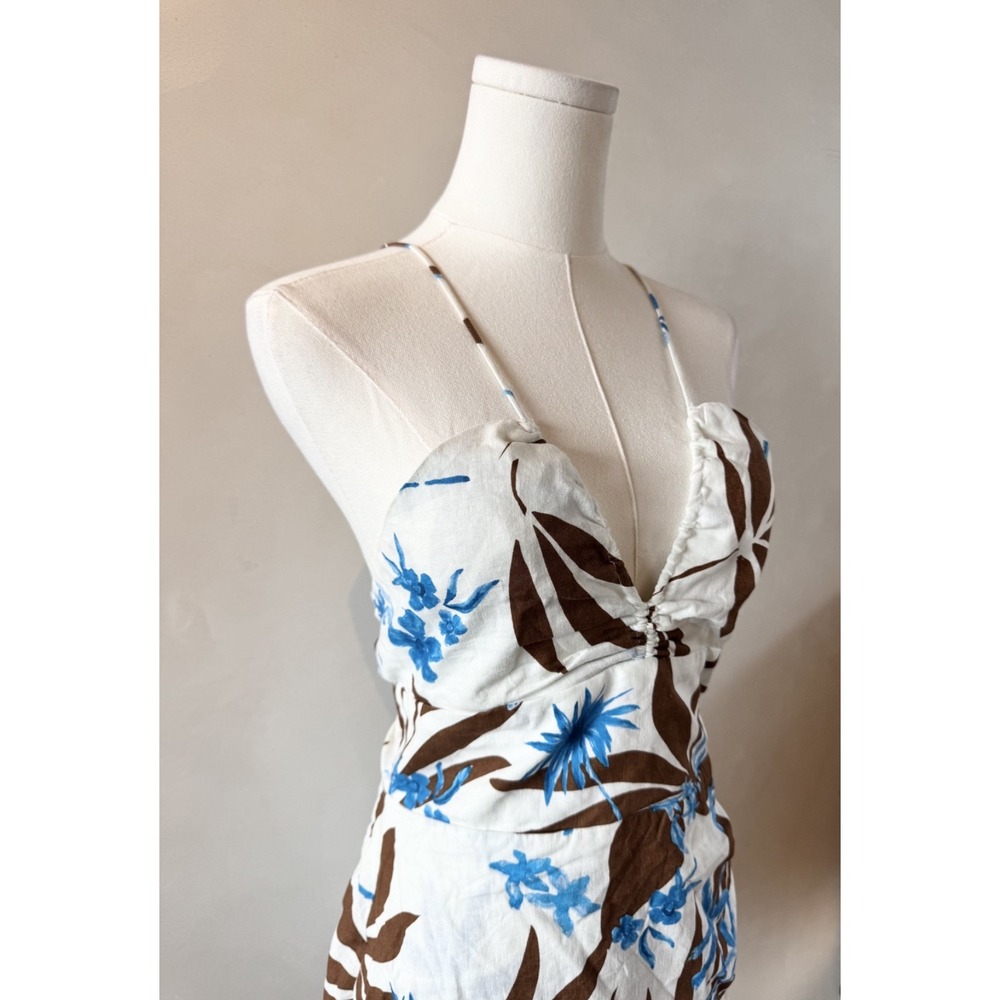 Zara Women's Halter Tropical White Blue Brown Linen Blend Mini Dress Resort Sz S - Picture 2 of 4